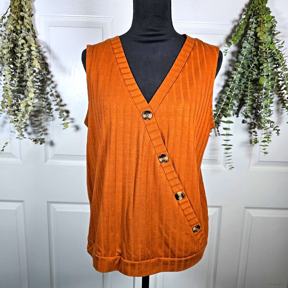 Worthington Women's XL Brown Ribbed Knit Sleeveless V-Neck Button Front Top
